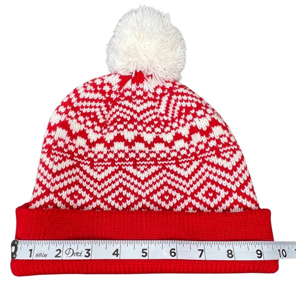 Old Navy Fair Isle Pom Beanie Sweater Knit Scandi Girl Red White One Size OS - Picture 7 of 12